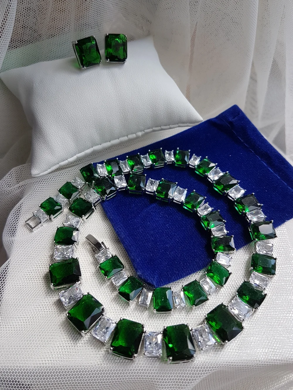 Swarovski Elements Emerald Green & Clear Square Gemstone Statement Necklace NEW